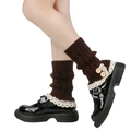 Japanese style knitted leg warmers with white lace trim and wooden buttons in brown - One Size / Coffee