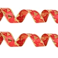 Ruban de Noël rouge avec bordure dorée et motifs festifs de sapins dorés - Style Sapin de Noël Doré Rouge (Christmas Ribbon) / 2m