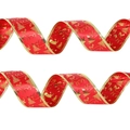 Ruban de Noël rouge avec motifs de rennes dorés et bords métallisés étincelants - Style Renne Doré Rouge (Christmas Ribbon) / 2m