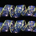 Dark blue LED Christmas ribbon with gold edges and snowflake prints for tree decoration - Blue Ribbon Warm LED (Width: 5cm) / 1m