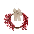 Ghirlanda di Natale con bacche rosse, fiocco di stoffa beige e base in vite naturale deco - Stile Fiocco in Tessuto Beige
