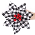 Christmas buffalo plaid fabric flower ornament with red berries for holiday tree decoration - Black White Grid