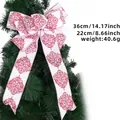 Weihnachtsschleife aus weißem Leinen mit rotem Glitzer-Dekor für den Weihnachtsbaum - Bedruckte Schleife (Christmas Bow) / Weiß