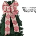 Große rote Weihnachtsschleife aus Sackleinen mit Damastmuster für den Tannenbaum - Vintage Bedruckte Schleife (Christmas Bow) / Khaki