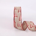 Faux linen Christmas ribbon with red glitter trees and matching red stitched edges - Red Trim Pine Tree Style