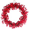 Artificial red berry Christmas wreath with natural rattan base and hanging rope for door decor - 35cm