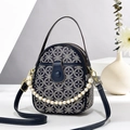 Small dark blue leather crossbody bag with geometric jacquard pattern and pearl chain - 15x19x8cm / Blue