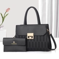 Women's black faux leather handbag and wallet set with gold buckle and striped texture - Black