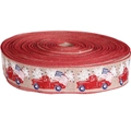 Patriotic burlap ribbon with red truck and American flag prints for Independence Day decor - 200 Yards Khaki Car