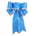 25cm electric blue glitter Christmas bow ornament with silver stitched edges and long tails - Blue