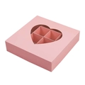 Pink heart window chocolate gift box with six compartments and diagonal view - Pink Heart Style
