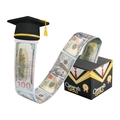 Black Graduation money pull box with Congrats Grad text and mini mortarboard cap - Black Gold Striped Suit Style