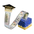 Blue graduation money pull box with a doctoral cap topper and long paper prop money string - Blue Gold Silhouette Celebration Style