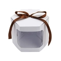 White hexagonal gift box with clear window and dark brown satin ribbon bow - White