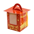 Red graduation cap muffin gift box with yellow tassel, handle and clear window - Orange