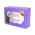 Purple Halloween gift box with a transparent window featuring a black cat and candy corn - Purple (Black Cat Pattern)