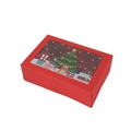 Red Christmas gift box with transparent window and holiday tree illustrations - Christmas Tree Style