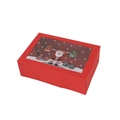 Red Christmas gift box with Santa window display and snowflake patterns on cardboard - Energetic Santa Style