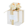 Square transparent PET cake box with golden ribbon, floral decor, and thank you label - Gold Decoration