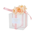 Square transparent PET cake gift box with pink ribbon, decorative flowers, and thank you label - Orange Pink Decoration
