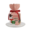Pink Christmas gift box with snowman and tree illustrations and a red ribbon bow - Pink
