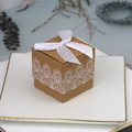 Square kraft paper candy box with white lace pattern and satin ribbon bow decoration - Lace Style With Bow