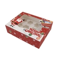 Red Christmas cupcake box with 6-hole insert, PVC window, and Merry Christmas print - Extra Large Red (Santa Claus)