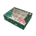 Green 6-hole Christmas cupcake box with tree-shaped PVC window and festive patterns - 12-hole Muffin Box Green