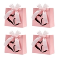 Set of four pink paper gift bags with double heart cut-outs and satin ribbon bows - Double Heart Red Gold Stamping / Pink Bag + Pink Ribbon