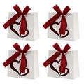 Set of four white Valentine's gift bags with heart cut-outs and red satin bows - White Bag + Burgundy Ribbon