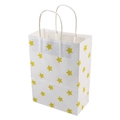 White paper gift bag with yellow stars pattern and twisted handles in a 45-degree view - Yellow
