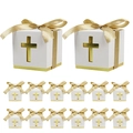 Scatola regalo bianca con croce dorata e nastro per matrimoni e battesimi - Croce d'Oro + Nastro d'Oro