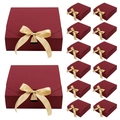 Square burgundy gift boxes with gold satin bows in a 14-piece set for wedding favors - Red