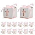 Scatole regalo traforate a croce con nastro rosa per bomboniere di battesimo e nozze - Croce Rosa + Nastro Rosa