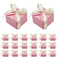 Rosa quadratische Hochzeitssüßigkeitenboxen mit creme-goldener Schleife und Wellenrand - Rosa