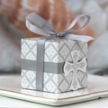 Silver-grey wedding favor box with cross decoration and elegant white classic patterns - Cross + Silver Ribbon