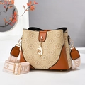 Borsa tote in tela beige con finiture in pelle marrone e tracolla larga in tessuto - Patchwork Beige (Stile 2)