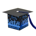 Black graduation cap gift box with blue foil GRADUATE text and matching blue tassel - Black Gold Blue Tassel