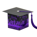 Black graduation cap gift box with purple tassel and metallic congrats print - Black Gold Purple Tassel