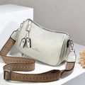 Silver metallic pillow bag with litchi texture and patterned woven shoulder strap - Silver