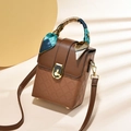 Brown quilted leather crossbody bag with silk scarf handle and golden metal lock - Yellow Patchwork Coffee