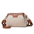 Beige Boston Handtasche mit braunem Rand, geometrischen Mustern und Love-Beschlag - Rhombe/Cremeweiß / 26x11x17