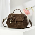 Chic dark brown vintage matte leather crossbody bag with pearl charms and bow detail - Coffee