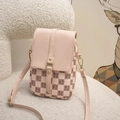 Pink checkered crossbody phone bag with faux leather flap and gold hardware accents - Pink