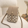 Fashionable beige and brown checkered crossbody phone bag with gold metal rivets - Apricot