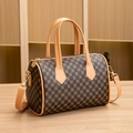 Classic cylinder boston bag in dark brown pattern with camel leather straps - Apricot