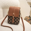 Vertical brown plaid phone bag with leather flap and gold rivet details for women - Brown Coffee
