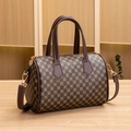 Classic cylinder boston bag in brown geometric print with golden hardware and top handles - Coffee