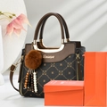 Vintage brown crossbody bag with geometric patterns, plush charm and orange gift box set - With Gift Box Bag Card