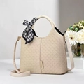 Beige woven texture bucket handbag with decorative silk scarf and fashion tag detail - L24 H22 W9 / Off-White (Grid)